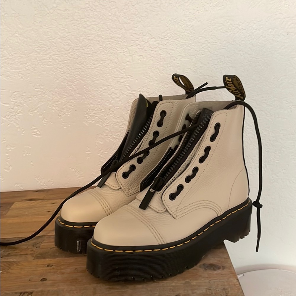 Dr. Martens Cream and Black Combat Boots with Chunky Sole